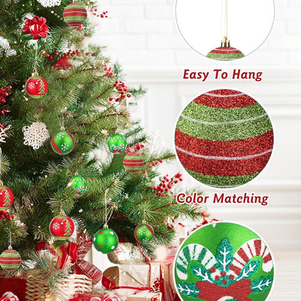12-Piece 3.15-Inch Christmas Tree Ornaments, Glittering Red & Green Elf and Peppermint Balls