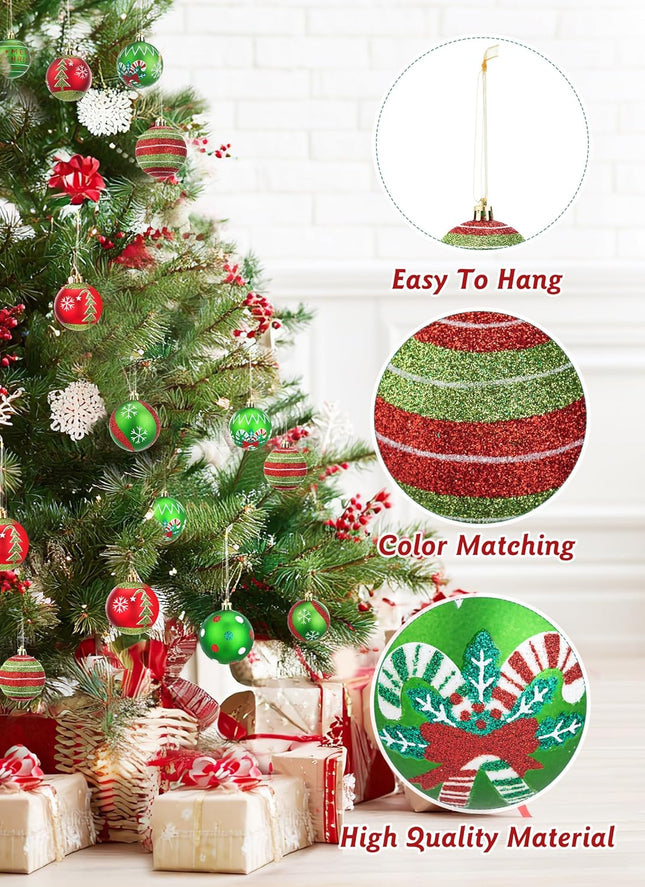 12-Piece 3.15-Inch Christmas Tree Ornaments, Glittering Red & Green Elf and Peppermint Balls