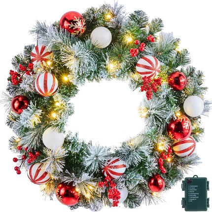 24" Pre-Lit Artificial Christmas Wreath with 50 Warm LED Lights, Pine & Red Berries