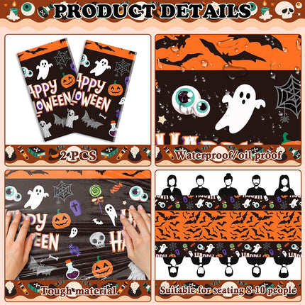 2-Pack Halloween Plastic Tablecloths, Skeletons, Bats, Ghosts & Pumpkin Party Decor