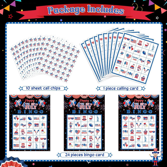 35 Pcs 4th of July Bingo Game – Patriotic Cards for 24 Players, Independence Day Fun