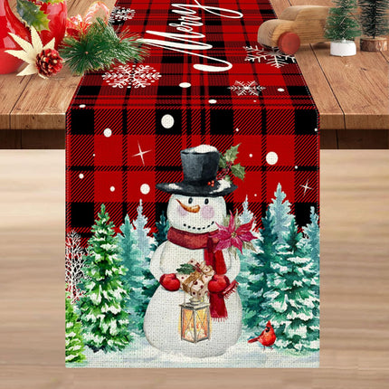 Christmas Table Runner, Red with Buffalo Plaid & Snowman Design for Festive Dining