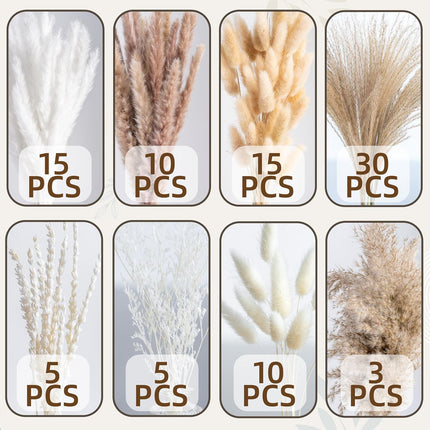 93Pcs Natural Pampas Grass Bouquet, 8-Style Dried Flowers, Boho Farmhouse Decor