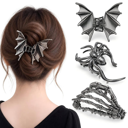 3PCS Halloween Gothic Hair Clips, Bat Wing, Spider & Skeleton Hand Claw Clips
