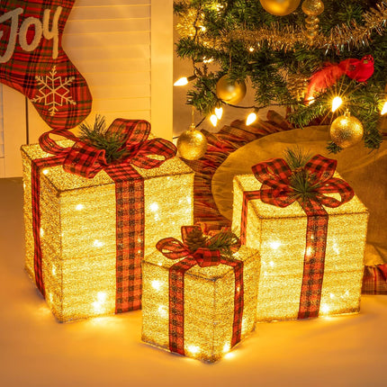 3PC Lighted Christmas Gift Boxes with Pine Leaves, Cones & Bows – 10", 8", 6"