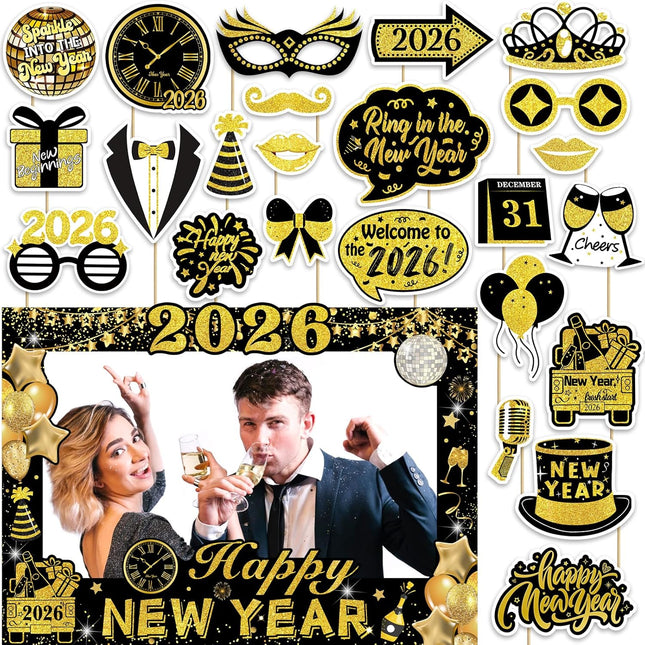 24-Pc 2026 NYE Photo Booth Props – Black & Gold Selfie Frame Set