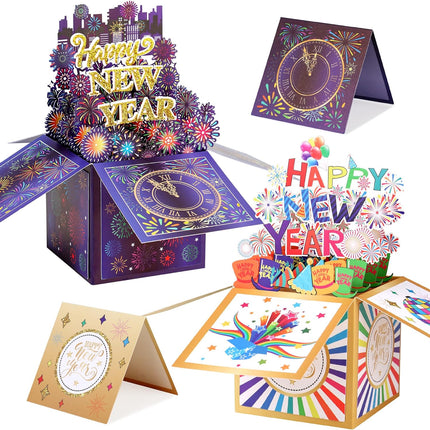 2-Piece 3D New Year Greeting Cards – Pop-Up Handmade Cards with Envelope