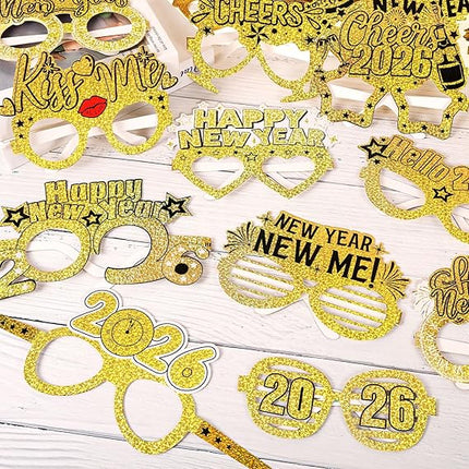 24-Piece Gold Happy New Year Glasses – Laser Photo Booth Party Props 2026