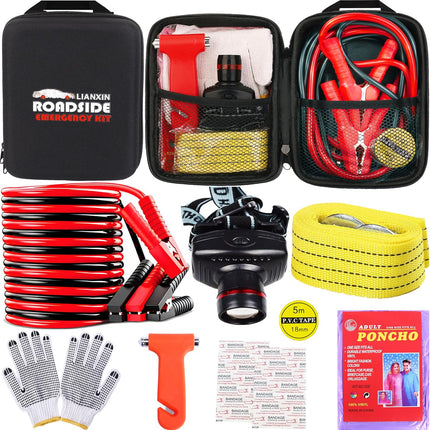 Car Roadside Emergency Kit, Jumper Cables, Tow Straps, Safety Hammer, Gloves