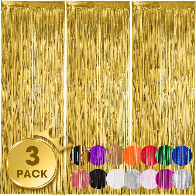 3 Pack Gold Foil Fringe Backdrop Curtains 3.3x8.2 Ft Tinsel Streamers Party