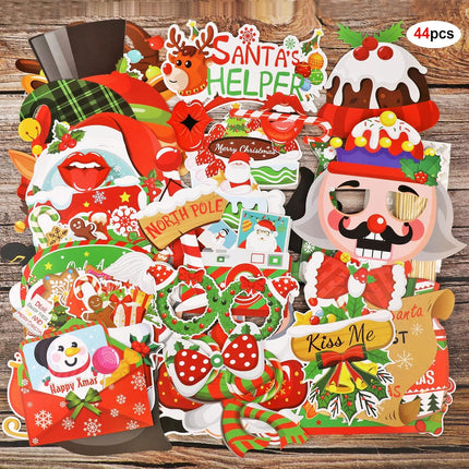 44PCS Christmas Photo Booth Props – Santa, Snowman & Candy Cane Selfie Signs