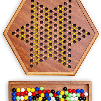Wooden Chinese Checkers Game Set with Storage Drawer 60 Color Pieces