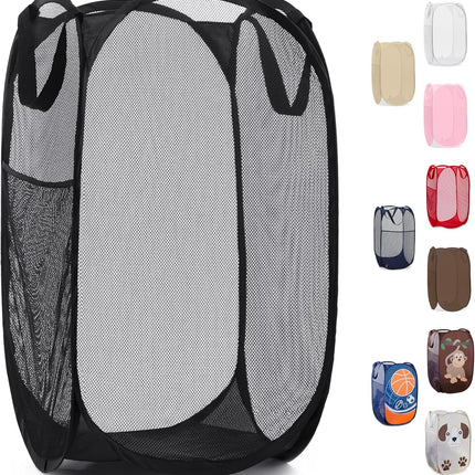 Collapsible Mesh Laundry Hamper with Side Pocket, Foldable Pop-Up Clothes Basket