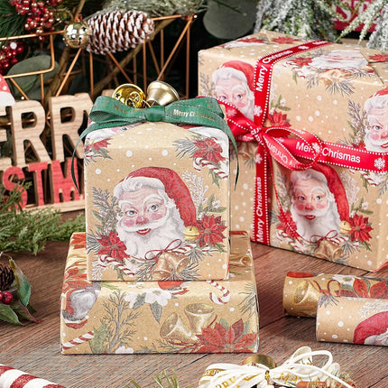 Christmas Kraft Wrapping Paper Set, 4 Rolls, Vintage Designs, 30"x10ft Each