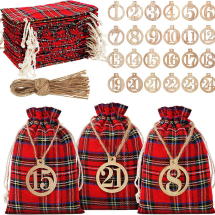 24 Days Advent Calendar 2025 Xmas Countdown Buffalo Check Drawstring Bags with 24 Pieces Wooden