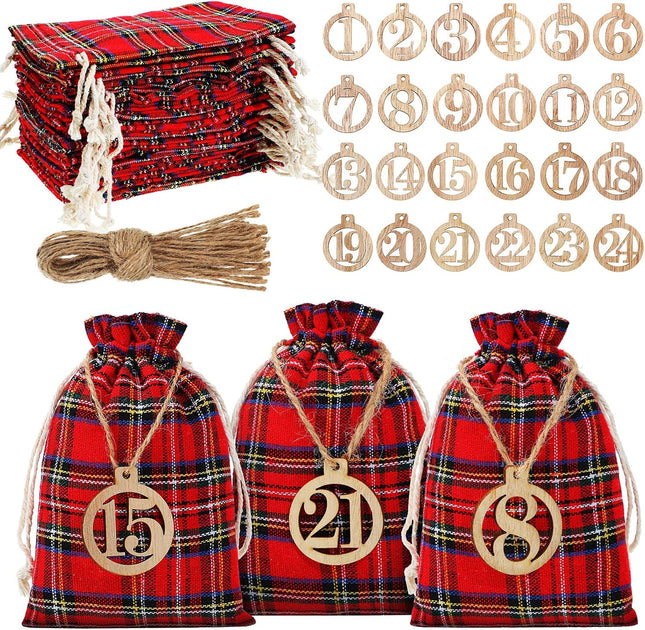 24 Days Advent Calendar 2025 Xmas Countdown Buffalo Check Drawstring Bags with 24 Pieces Wooden