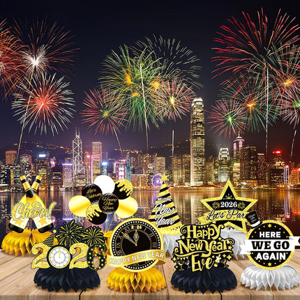 Happy New Year 2026 Table Decorations – 8-Pc Honeycomb Centerpieces