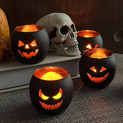 6-Piece Halloween Jack-O-Lantern Glass Votive Candle Holders, Table Decor Set