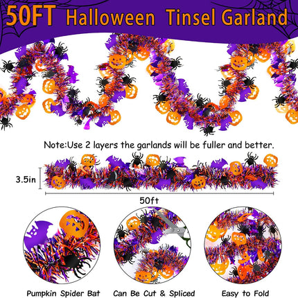 50FT Halloween Tinsel Garland, Pumpkin Spider & Bat Metallic Twist Party Decor