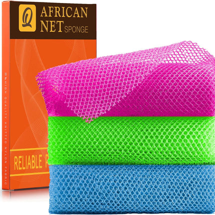 3-Pc African Net Bath Sponge Set, Long Exfoliating Body & Back Shower Scrubbers