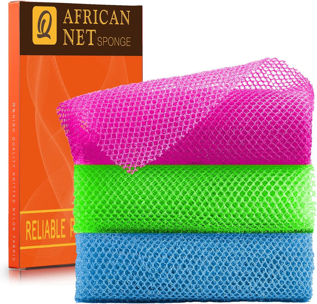 3-Pc African Net Bath Sponge Set, Long Exfoliating Body & Back Shower Scrubbers
