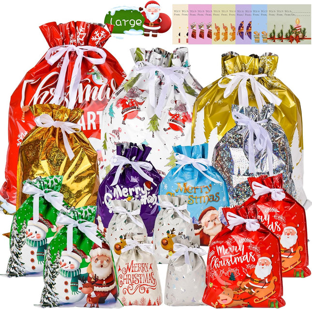 Christmas Drawstring Gift Bags – 15 PCS with 15 Tags, 7 Designs in Large & Small Sizes