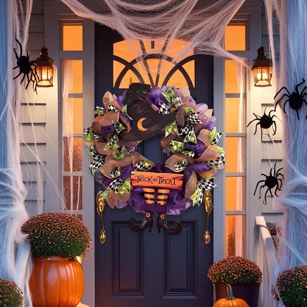 Halloween Witch Trick or Treat Wooden Door Sign, Black Hat Boots Porch Wall Decor