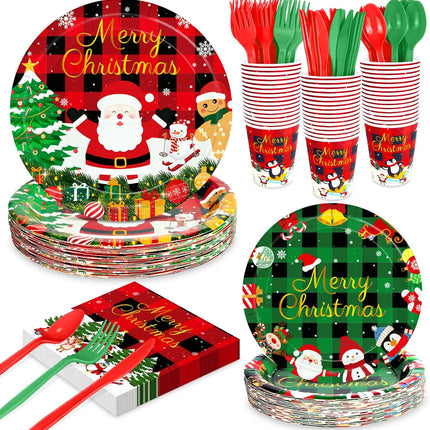 175PCS Christmas Party Supplies – Disposable Plates, Napkins, Cups & Cutlery Set