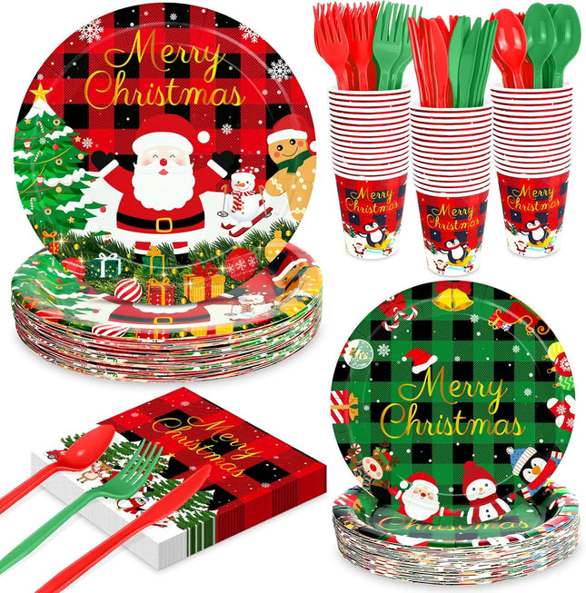 175PCS Christmas Party Supplies – Disposable Plates, Napkins, Cups & Cutlery Set