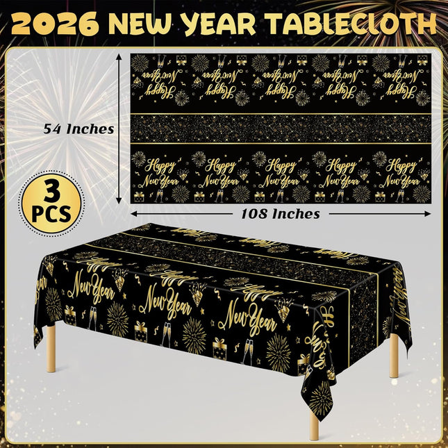 3-Piece NYE Table Covers – 108×54in Black & Gold Firework Tablecloths