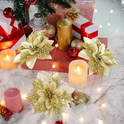 16 PCS Glitter Poinsettia Ornaments – Xmas Tree & Wreath Decorations w/ Clips