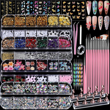 4 Boxes Nail Charms & Gems Set, Rhinestones, Pearls, Stickers, Brushes & Nail Art Tools