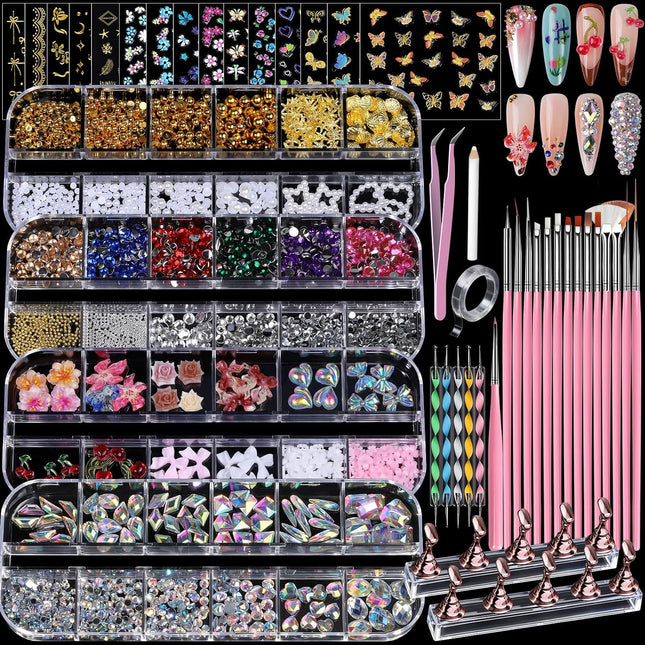 4 Boxes Nail Charms & Gems Set, Rhinestones, Pearls, Stickers, Brushes & Nail Art Tools