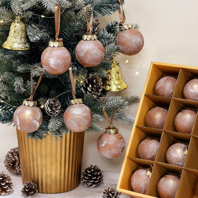 12PCS Rustic Christmas Ball Ornaments – Neutral Brown Shatterproof Tree Decorations