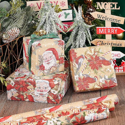 Christmas Kraft Wrapping Paper Set, 4 Rolls, Vintage Designs, 30"x10ft Each