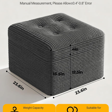23.6 Inch Dark Grey Corduroy Pouf Ottoman Footrest with Dual-Layer Foam Support