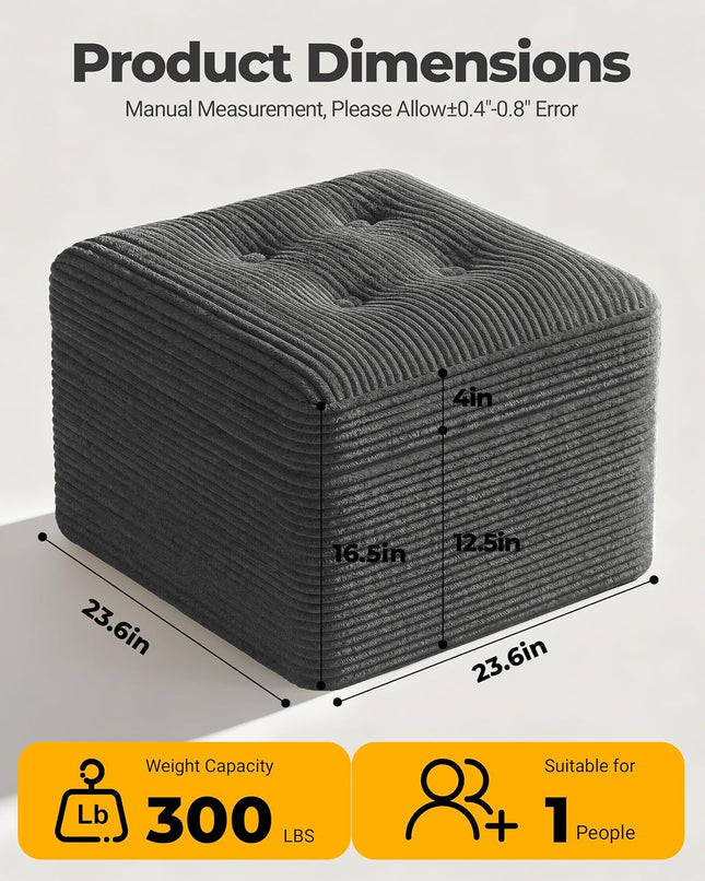 23.6 Inch Dark Grey Corduroy Pouf Ottoman Footrest with Dual-Layer Foam Support
