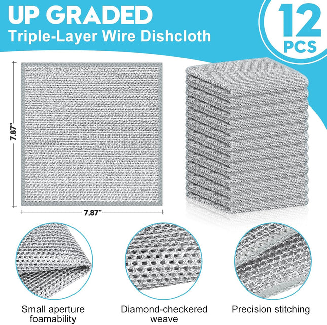12PCS 3-Layer Non Scratch Wire Dishcloths Multipurpose Cleaning Rags