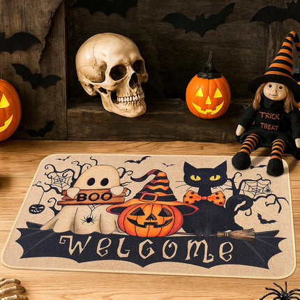 Halloween Welcome Mat 17x26.8in, Ghost Cat Pumpkin Design, Non-Slip Entryway Rug