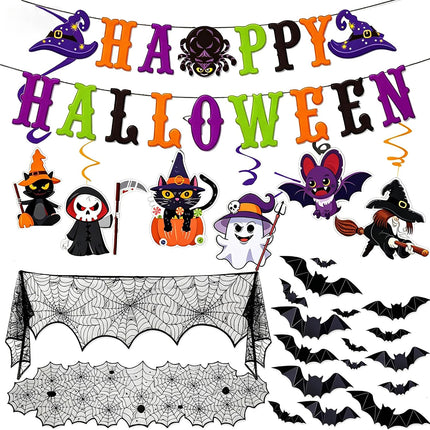 Halloween Indoor Decor Set, Happy Halloween Banner, Swirls, Spider Web & 3D Bats