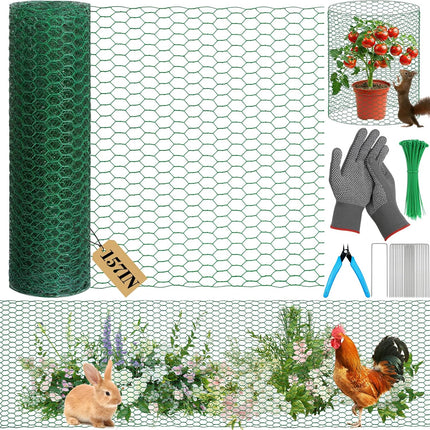 Green Chicken Wire Plant Protectors – 15.7 x 157 in with Stakes & Pliers for Garden