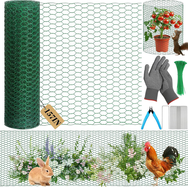 Green Chicken Wire Plant Protectors – 15.7 x 157 in with Stakes & Pliers for Garden