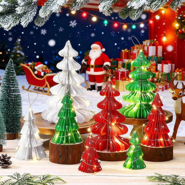 8PCS Honeycomb Paper Christmas Trees with LED Light Strings Table Decor