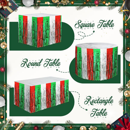 2PCS Christmas Table Skirts – 29x108" Red, Silver & Green Metallic Foil Tinsel Fringe