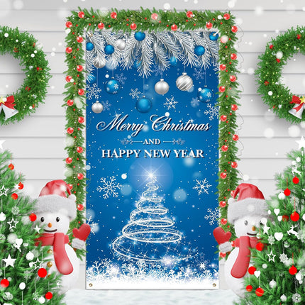 Merry Christmas & Happy New Year Door Cover – Blue Front Door Banner Holiday Decor