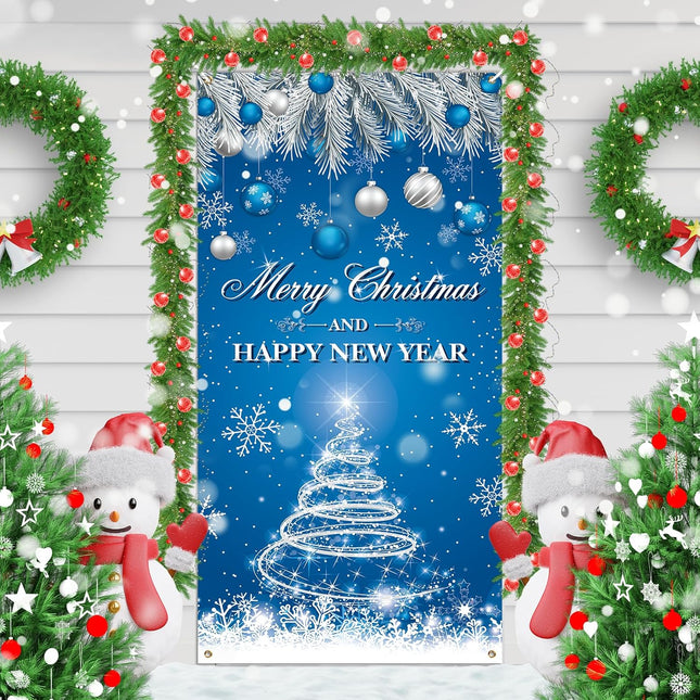 Merry Christmas & Happy New Year Door Cover – Blue Front Door Banner Holiday Decor