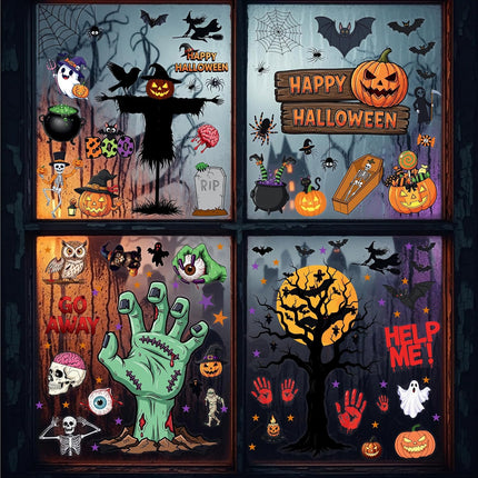 145-Piece Halloween Window Clings, Pumpkin Skull Skeleton Spider Glass Door Decals