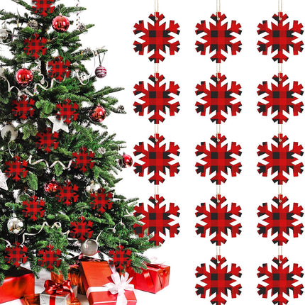 20pcs Wooden Snowflake Ornaments – Buffalo Plaid Christmas Hanging Decorations