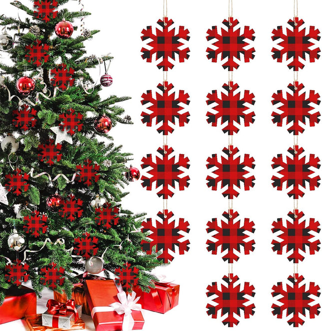 20pcs Wooden Snowflake Ornaments – Buffalo Plaid Christmas Hanging Decorations