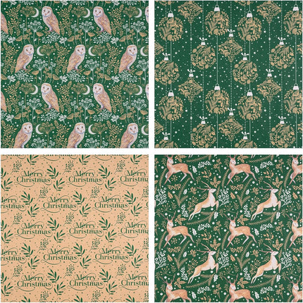 4-Pack Kraft Xmas Wrap Owl, Reindeer & Christmas Ball Designs, 30"x10' Rolls